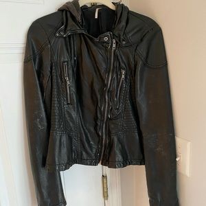Free People Black Leather Jacket- Detachable Hood